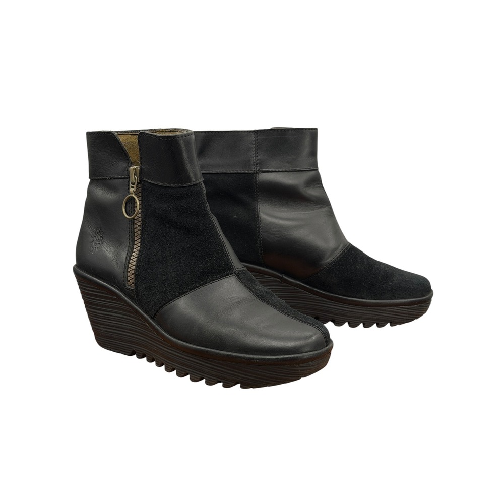 Fly London Wedge Ankle Checker Boot Women SZ 36 5.5 Black Leather Suede Comfort
